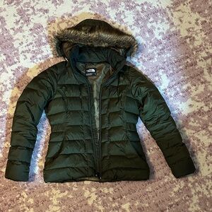 The North Face Olive Puffer Jacket with Fur Trim